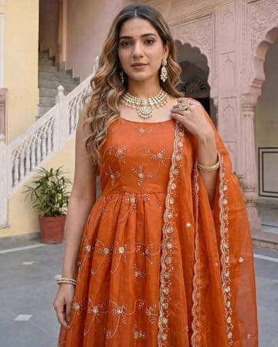 Women's Rust Orange Organza Anarkali Kurta Set with Dupatta – Embroidered Flared Long Dress Gown with Strappy Back and Sheer Scarf for Weddings, Festivals, and Ethnic Wear (XL) 2