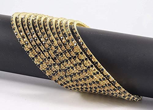 ZULKA Non-Precious Metal Base Metal with Zircon Gemstone Studded worked Glossy Finished Bangle Set For Women and Girls, (Black-Golden_2.8 Inches), Pack Of 12 Bangle Set 5