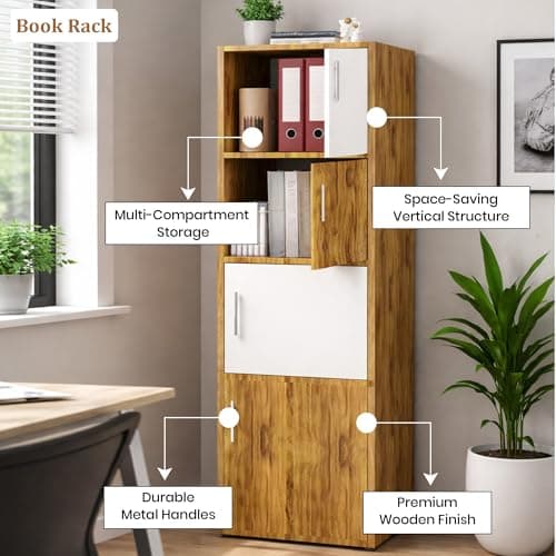 Callas Wooden Book Rack | Multi-Compartment Storage Cabinet | Space-Saving Vertical Bookshelf with Doors | Durable & Sturdy Organizer for Home & Office (Walnut, 4 Tier) 4