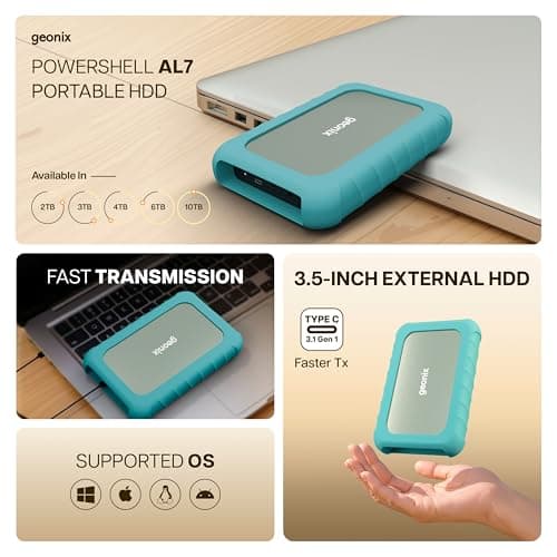 GEONIX PowerShell AL7 4TB External Hard Drive | 3.5 Inch Portable HDD | USB 3.1 | Up to 5Gbps with UASP | Shockproof | Windows, macOS, Linux & Android | 3 Year Warranty (Martini Gray) 2