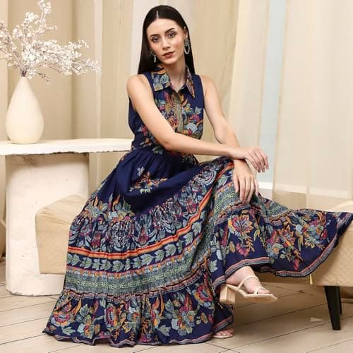 Biba Women Indigo Cotton Floral Tiered Dress_40 2