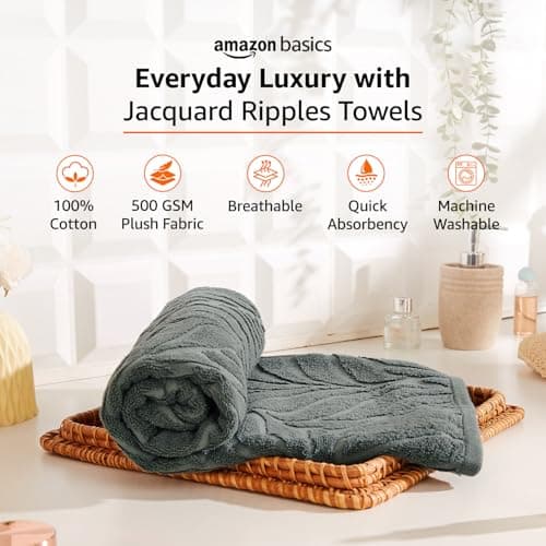 amazon basics Jacquard Ripples Bath Towels, Nature Green 100% Cotton, 500 GSM, 75cm x 150 cm (‎BHE33-BT-NTGN) 2