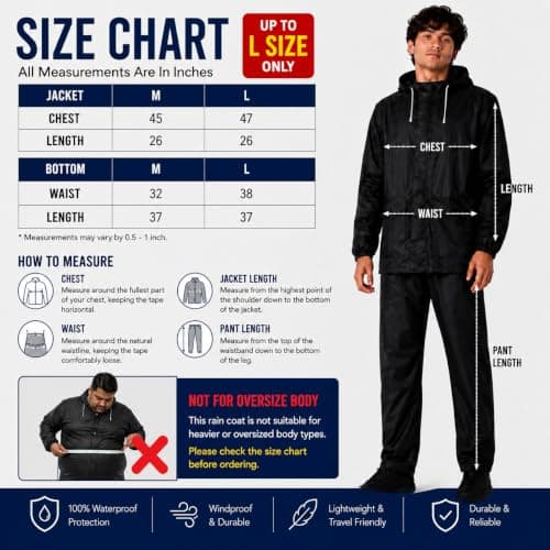 Rain Coat for Men Waterproof, Hypora Fabric Rain Suit with Hood, Jacket & Pant Set, Hidden Front Zipper, Lightweight Windproof Rain Wear, Large Pockets for Bike Riding, Trekking & Outdoor Work, BLACK 2