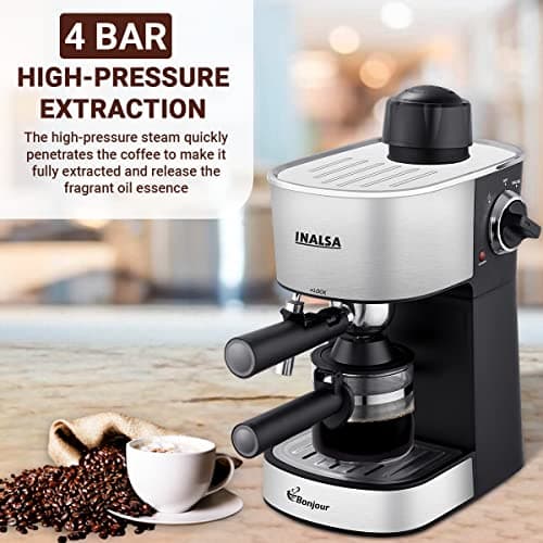 INALSA Espresso/Cappuccino 4Cup Coffee Maker 800W- Bonjour (3in1- Espresso,Cappuccino & Latte)|Frothing Function,4Bar Pressure|Multipurpose Control Knob,Removable Drip Tray & Borosilicate Glass Carafe 3