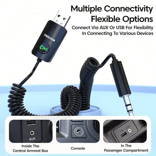 Sounce Bluetooth Car Receiver with Hands-Free Calling,Built-in Microphone, 85 cm Coiled Cable, Multi-Function Button, Music Playback, Wireless AUX Adapter for Car Audio (Black) 4