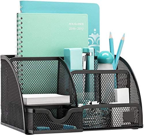 MeRaYo Metal Mesh Pen and Pencil Stationary Storage Tidy Desk Organizer Box with 6 Compartment for Home and Office Accessories (Black color)