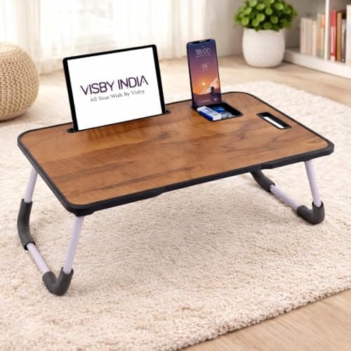 VISBY INDIA Smart Multipurpose Foldable Laptop Table with Cup Holder, Study Table, Bed Table, Breakfast Table, Foldable and Portable/Ergonomic & Rounded Edges/Non-Slip Legs (Wood C-Biding)