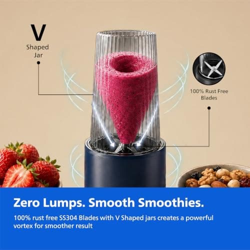 Philips HR2613/00 Mini Blender | 2 Blending Blades & 1 Frothing Blade | ProBlend Technology | 3 Unbreakable Food-Grade PC Jars | Blend & Carry | Smoothies, Protein Shakes, Cold Coffee & More (Blue) 3