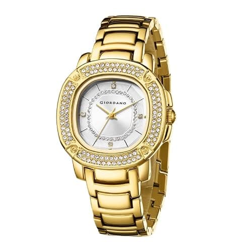 Giordano Analog Watch for Women with Square Dial, Crystal Studded Bezel, Quartz Movement, Water Resistant and Stainless Steel Strap - GZ-60109