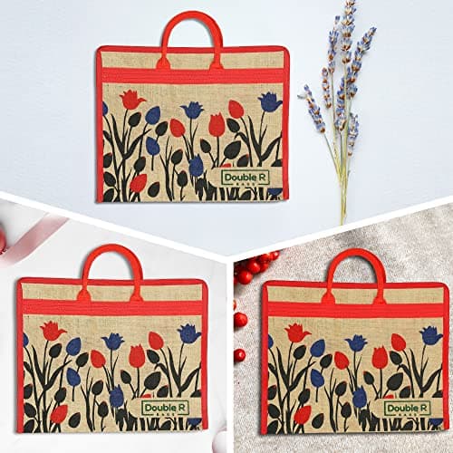 DOUBLE R BAGS Jute Eco-Friendly Tote Bag: Stylish, Spacious, and Sustainable - Perfect for Everyday Errands and Adventures! (Red Tulip, Pack of 3) 5