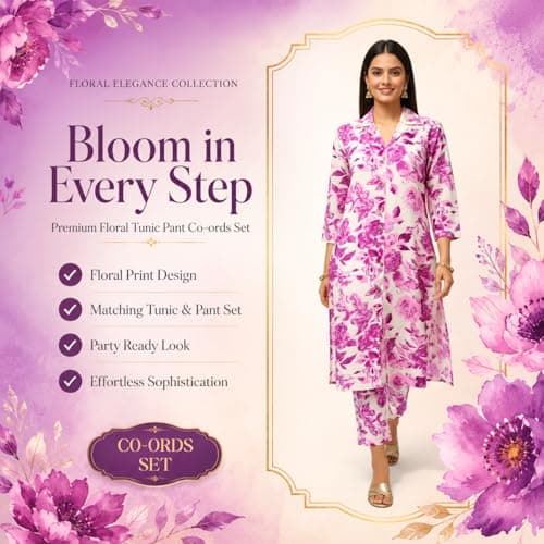 SHINESHAGUN Women Floral Printed Kurta Pant Set | Stylish Straight Fit Ethnic Co-ord Set for Women | 3/4 Sleeve Casual & Office Wear Kurti with Pants | Pink & White 2