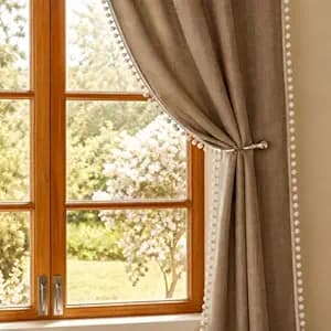 HOMEMONDE Sheer 5 Feet Curtains with Decorative Side Border Pompom Curtain for Window, Linen Textured Light Filtering, Pack of 2 - (60 Inch, Dark Brown)