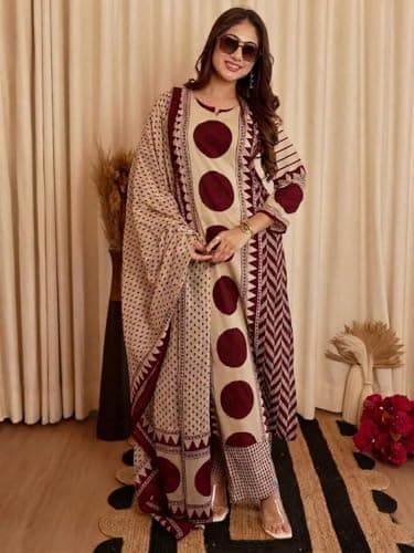 Klosia Women Printed Straight Kurta and Pant Set with Dupatta | Printed Kurta Set | Cotton Kurta Set | Women Kurta Sets | Summer Suit | (in, Alpha, M, Standard, Maroon) 5