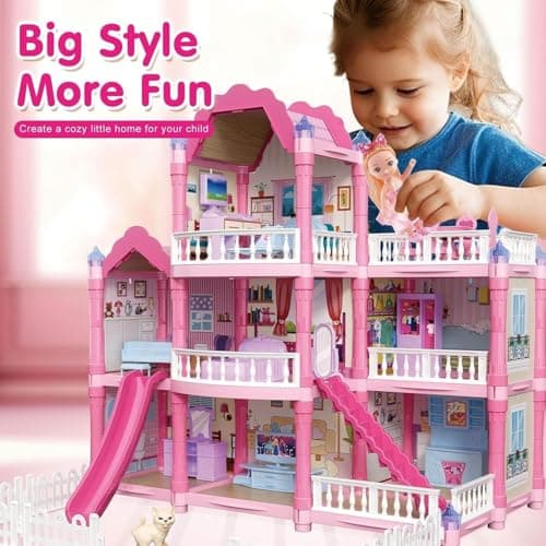 Big Style 3-Story Princess Dollhouse with Slide & Furniture | Luxury Pink Castle Doll House Toy for Girls | DIY Pretend Play Villa Playset Birthday Gift for Kids (195 pcs) 5