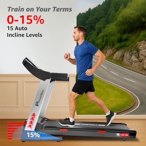PowerMax Fitness TAC-125 5HP Motorised Auto Incline Treadmill for Home Use, Max User 130kg, Max Speed-18kmph, BMI Calculator, Running Deck 1300x460mm, LED Display, Aux, Bluetooth for Music 4