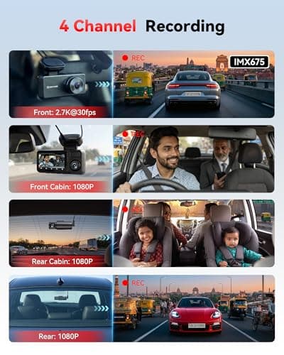 REDTIGER F17 Plus 4 Channel Dash Cam, 2.7K+3*1080P Car Camera, 360° View with Dual Rotatable Inside Lenses, STARVIS 2 IMX675, IR Night View, Free 128GB Card, 5GHz WiFi GPS, Voice Control, Touchscreen 2