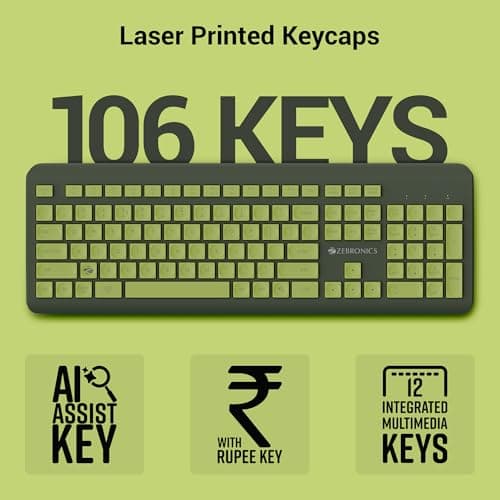 ZEBRONICS Companion 203, 2.4GHz Wireless Keyboard & Mouse Combo, Copilot AI Key, 12 Multimedia Keys, 1600 DPI Mouse, Silent Operation, High Precision Sensor, for Windows & Mac (Avocado) 3