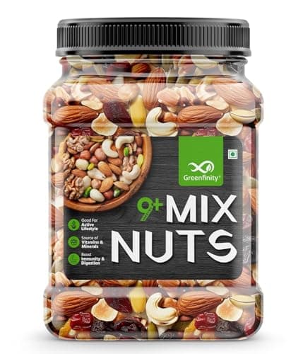 GreenFinity Healthy Nutmix 500 Gram | Jar Pack | Dried Almonds, Black Raisins, Cashewnuts, Cranberries, Green Raisins, Walnut Kernels & Many More