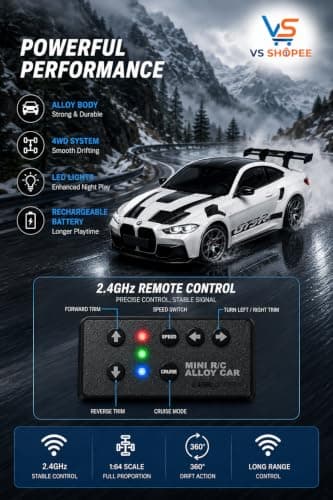 VS Shopee Mini R/C Alloy Drift Car 1:64 Scale – 2.4GHz 4WD RC Racing Desk Toy with LED Lights & Cruise Control Feature (Kids & Collectors Edition) (Porsche 911 GT3 (992 Generation).) 5