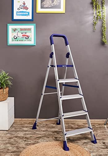 amazon basics Clamber Pro - Foldable Step Ladder, Firm Grip, 5 Steps (Aluminium Steps, Blue & Satin) 4