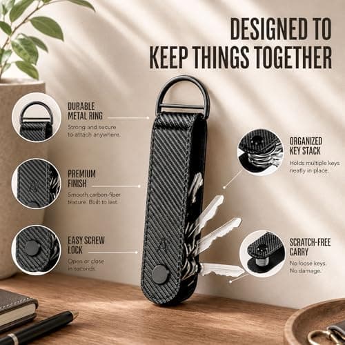 Capes Stack Key Organizer for Men & Women | Pocket-Friendly Compact Key Holder for Up to 4 Keys | Premium PU Leather Key Case | Minimalist Anti-Rattle Key Organizer | Carbon Black 4