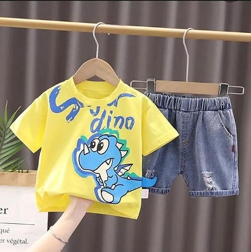 Shree Shyam Textile Cotton Kids Dress, Printed Half Sleeves T-Shirt with Denim Shorts Set (Yellow, 12-18 Months) 2