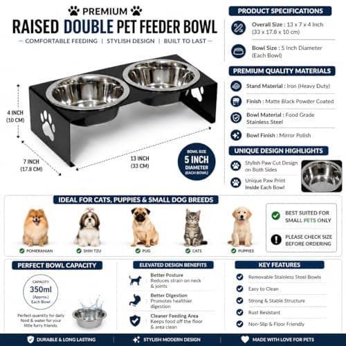 Elevated Dog Bowl Stand with 2 Stainless Steel Bowls | Raised Pet Feeder | Iron Powder Coated Stand with Paw Design | Anti-Slip Feeding Station for Small Dogs & Cats 4