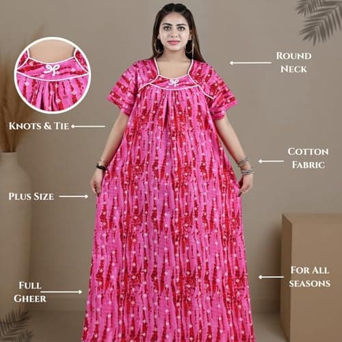 Bejod's Collection Women's Cotton Nighty Maxi Nightdress – Printed Floral Full-Length Nightgown, Plus Size Loose Fit Sleepwear Summer Nightwear for Women XL-3XL (Pink, XXL) 5