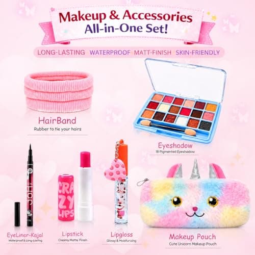 Kids Makeup Kit for Girls with Unicorn Pouch – 18 Color Eyeshadow Palette, Lipstick, Lip Gloss, Eyeliner Kajal & Hair Bands – All in One Cute Makeup Accessories Set for Kids, Teens & Beginners 3