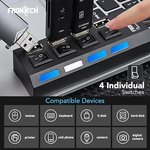 Frontech 4-Port USB Hub with Individual On/Off Switches, LED Indicators, 40 cm Cable, Optional Power Input Port, Plug-and-Play Multi-Device Connectivity, Backed with 1 Year Warranty 4