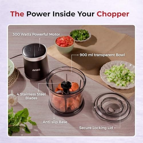 AVIAS Avismart Electric Vegetable Chopper for Kitchen with 2 Speed Modes, 300 Watts Copper Motor, 900 ml | 4 Stainless Steel Blades to Chop Vegetables, Nuts | 2 Years Warranty (Black) 5