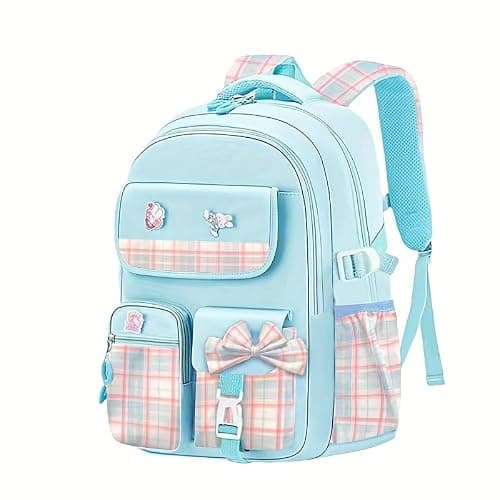 Shop Heaven Cute Bow Cartoon School Bag | 18-Inch College Laptop Backpack for Women & Teens | Aesthetic Pink Plaid Daypack with Zipper Pouch for Travel, Tuition & Coaching (SKY BLUE)