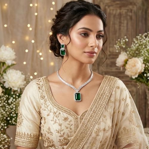 Daily Dish DD Emerald Stone Artificial Necklace Set for Women | Crystal Pendant Necklace with Matching Stud Earrings | Elegant Party & Wedding Jewelry Set for Women & Girls (Dark Green) 4