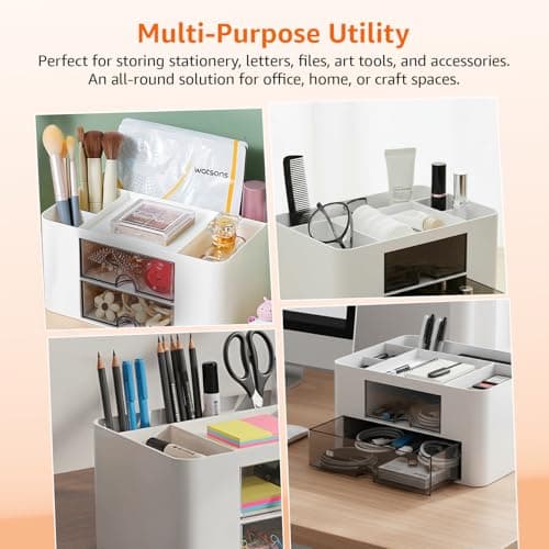 Amazon Basics Desk Organiser with 7 Compartments | 19.7 × 14.2 × 10 cm | White | Durable Plastic | Pack of 2 5