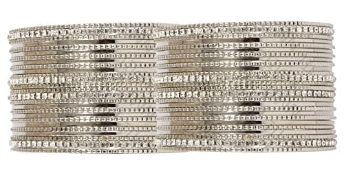 NMII Non-Precious Metal Base Metal with Zircon Gemstone Studded Worked Glossy Finished Bangle Set For Women and Girls, (Silver_2.4 Inches), Pack Of 52 Bangle Set 2