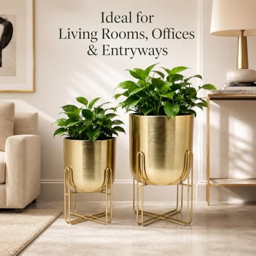 INDIAN DECORMART Golden Metal Planter with Stand | Elegant Metal Planters for Home Decor, Living Room, Garden & Balcony | Decorative Flower Pots & Plant Stands for Indoor and Outdoor Use (Set of 2) 5