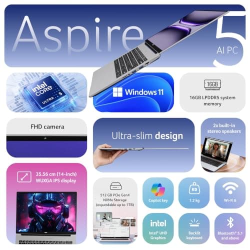 Acer Aspire 5, Intel Core Ultra 5 125H Processor,Office 2024 + M365 Basic, 16 GB RAM, 512 GB SSD, WUXGA IPS, 14.0"/35.56 cm, Win 11 Home, Pure Silver, 1.2 kg, A514-54H, Backlit KB, Premium Laptop 2