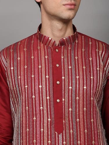Exotic India Embroidered Stripes and Sequins work Art Silk Kurta with Cotton Pajama Pant Style | Ethnic Designer Kurta Pajama Set for Men 5