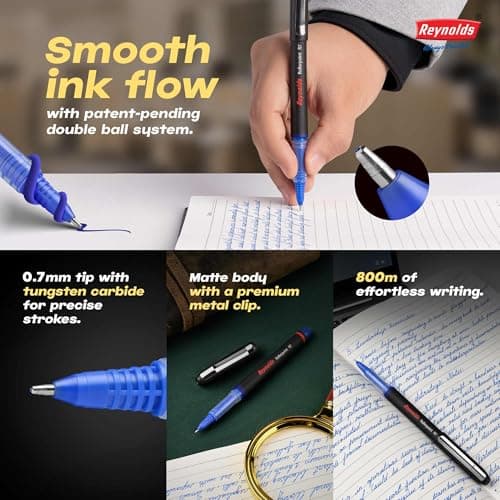 REYNOLDS ROLLER POINT Pen R7 Pack of 2 Blue (Pouch) | Stylish Metal Clip Premium Look Rollerball Point Pen for Men Women Students & Office Professionals | Refillable | Smooth & Effortless Writing 2