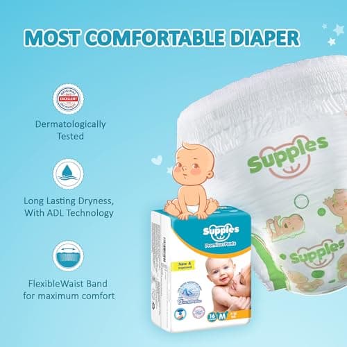Amazon Brand - Supples Premium Baby Diaper Pants | 16 Baby Diapers | Medium | 7-12 Kg | 12 Hrs Absorption | Cushiony Cotton Soft Fabric | Phthalates-Free | Triple Leak Guard 4