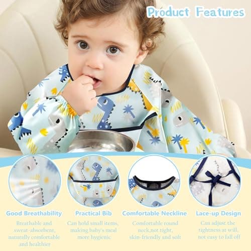 CoolShef Waterproof Baby Bibs for Boys & Girls 6-24 Months, Soft Cotton Feeding Bibs with Sleeves, Adjustable Newborn Bibs, Cute Cartoon Apron for Babies, Washable Toddler Bibs 5