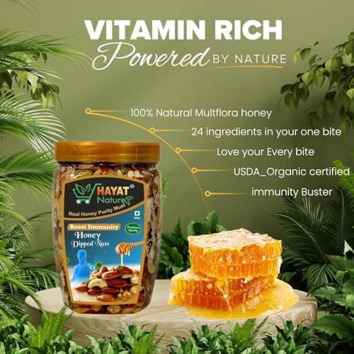 Hayat Nature Honey multi flora mixed dry fruits and nuts, Roasted and Crunchy with Immunity & Energy Booster, Zero Chemicals & Preservatives. Pure and Natural Dry Fruits & dipped in organic honey 450g 4