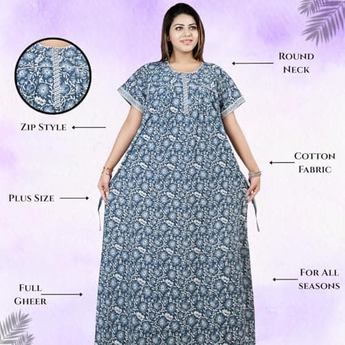 Nighty Maxi Gown for Women Front Zip Open | Pure Cotton Printed Floral Maxi Nighty Zip Style | Full Length Nightgown | Plus Size Loose Fit Summer Nightwear L -4XL (Firozi, 3XL) 5