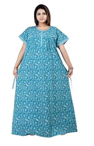 Bejod's Collection Nighty Maxi Gown for Women Front Zip Open | Pure Cotton Printed Floral Maxi Nighty Zip Style | Full Length Nightgown | Plus Size Loose Fit Summer Nightwear L -4XL (Firozi, 3XL)