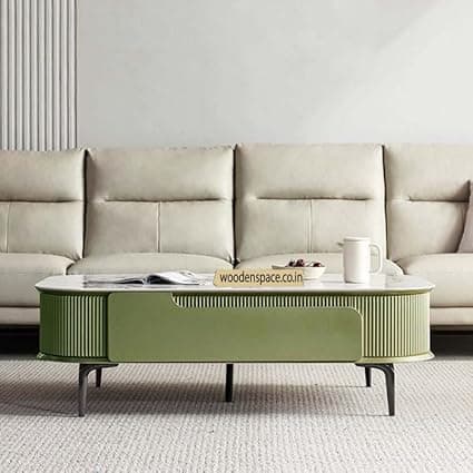 WOODEN SPACE Premium Solo Marble-Top Wooden Center Table for Living Room | Iron Legs | PVD Coating | Modern Entryway Furniture | Coffee Table - 42X24X18 in (Green)