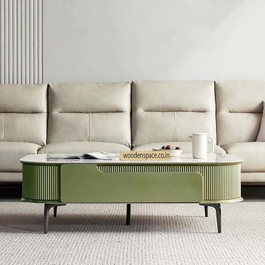 WOODEN SPACE Premium Solo Marble-Top Wooden Center Table for Living Room | Iron Legs | PVD Coating | Modern Entryway Furniture | Coffee Table - 42X24X18 in (Green)