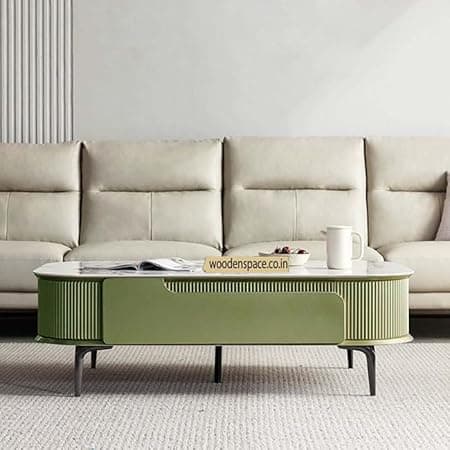 WOODEN SPACE Premium Solo Marble-Top Wooden Center Table for Living Room | Iron Legs | PVD Coating | Modern Entryway Furniture | Coffee Table - 42X24X18 in (Green)