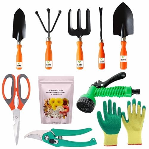 GROW DELIGHT Gardening Tools Kit-10 Pcs (Fork, Cultivator, Big Trowel, Small Trowel, Weeder, Garden Pruner, Garden Scissor, Gardening Gloves Green, Water Spray Gun, Flower Seeds Packet)