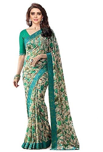 RAJESHWAR FASHION WITH RF Women's Floral Printed Georgette Sarees For Women With Jacquard Lace Border & Blouse(A15 FLOWER_Multicolored_Free Size 6.30 Mtr)
