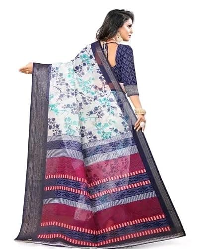 Cotton Floral Printed Saree, Blue and White, Traditional Indian Ethnic Wear 2